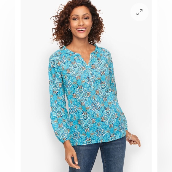 Talbots Tops - Talbots Women’s Blue and Brown Print Long Sleeve Lightweight Cotton Top …